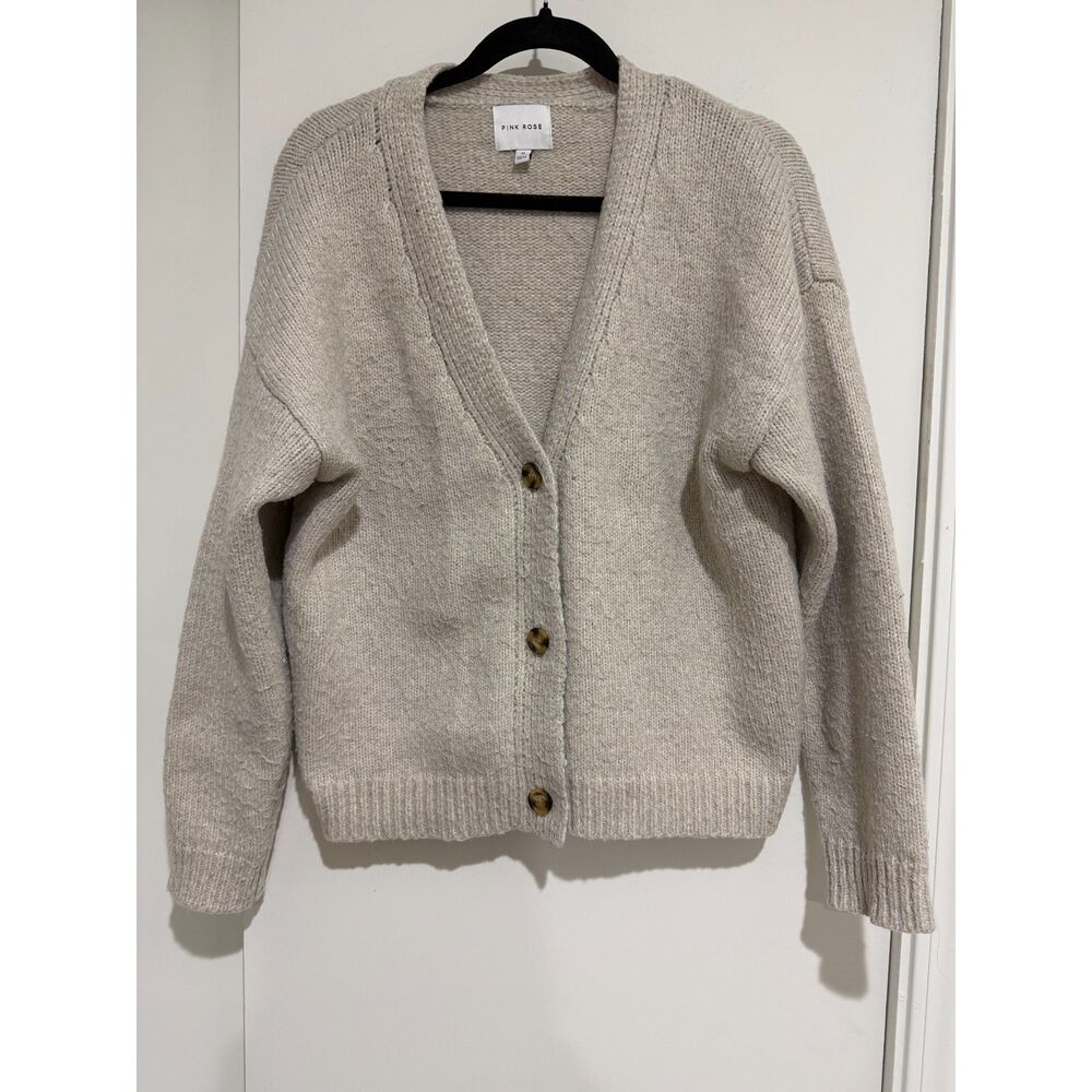 Pink Rose Beige Oatmeal Heather Knit V-Neck Button Front Cardigan Sweater Size M